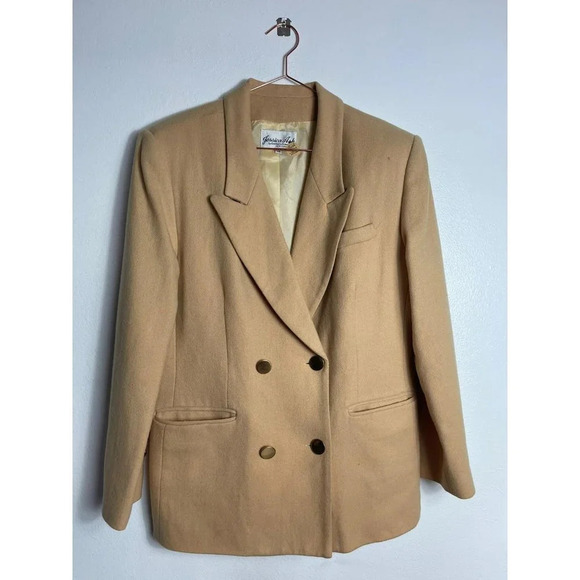 Jessica Ash Womens Double Breasted Long Sleeve Collar Blazer Coat Cream Tan 14 - Picture 1 of 8